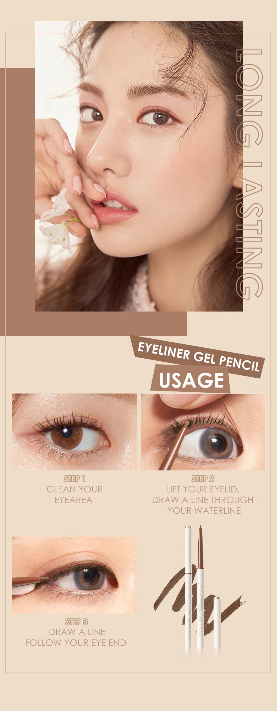 FOCALLURE Waterproof Eyeliner Gel Pencil Ultra-slim 1.7mm Soft Easy Wear High Pigment Long Lasting Eyes Makeup