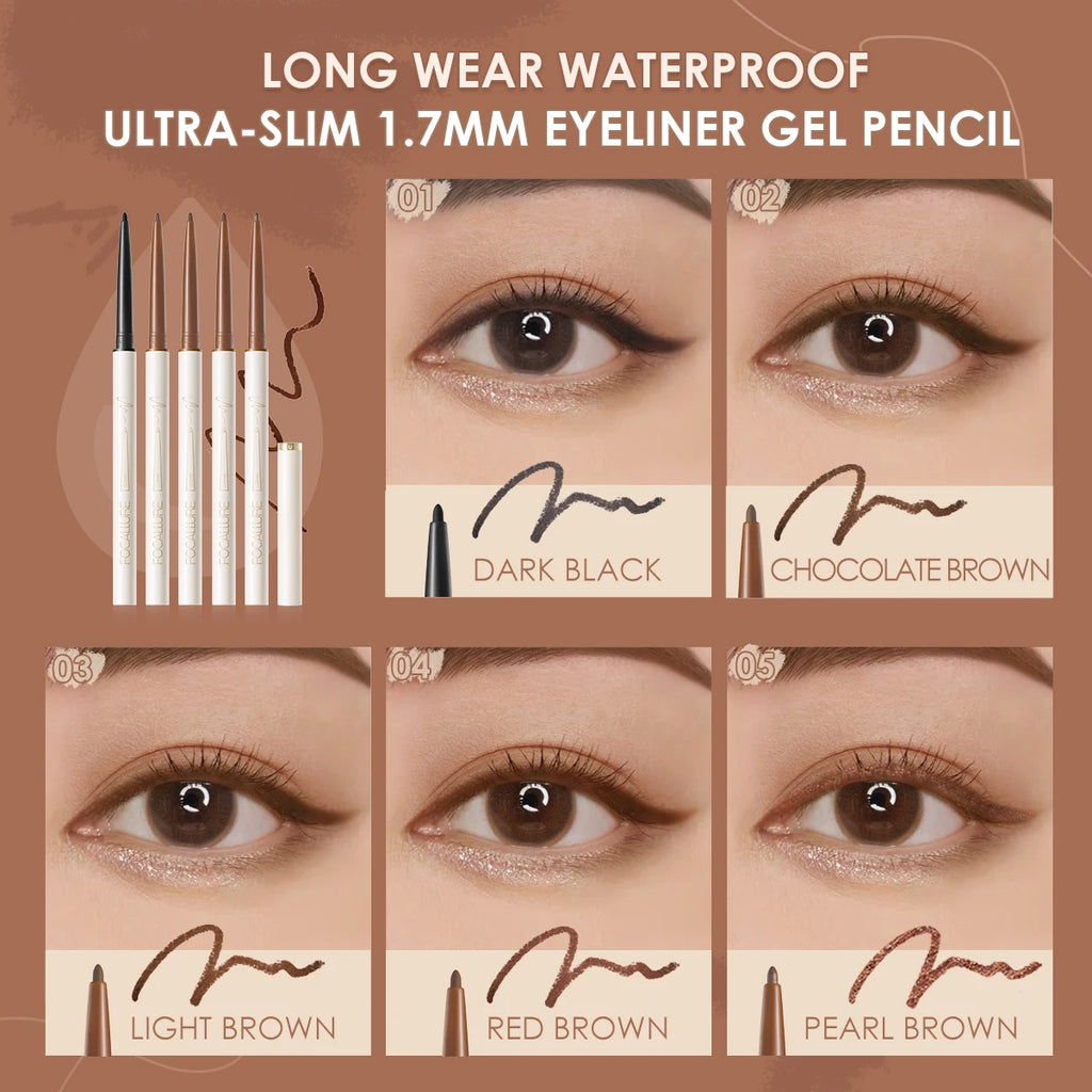 FOCALLURE Waterproof Eyeliner Gel Pencil Ultra-slim 1.7mm Soft Easy Wear High Pigment Long Lasting Eyes Makeup