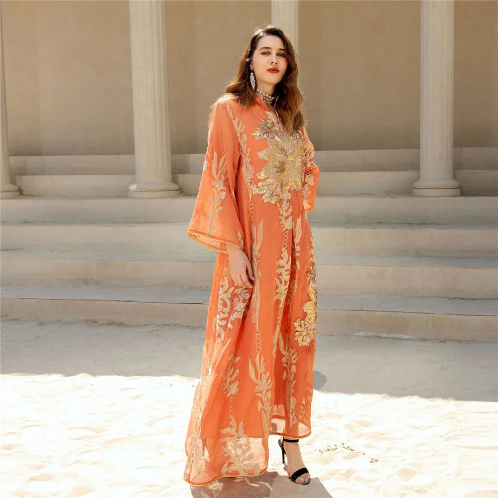 Muslim Abaya Dress Dubai Ramadan Sequins Floral Embroidered Moroccan Caftan Women Evening Gown Eid Djellaba Jalabiya Vestidos
