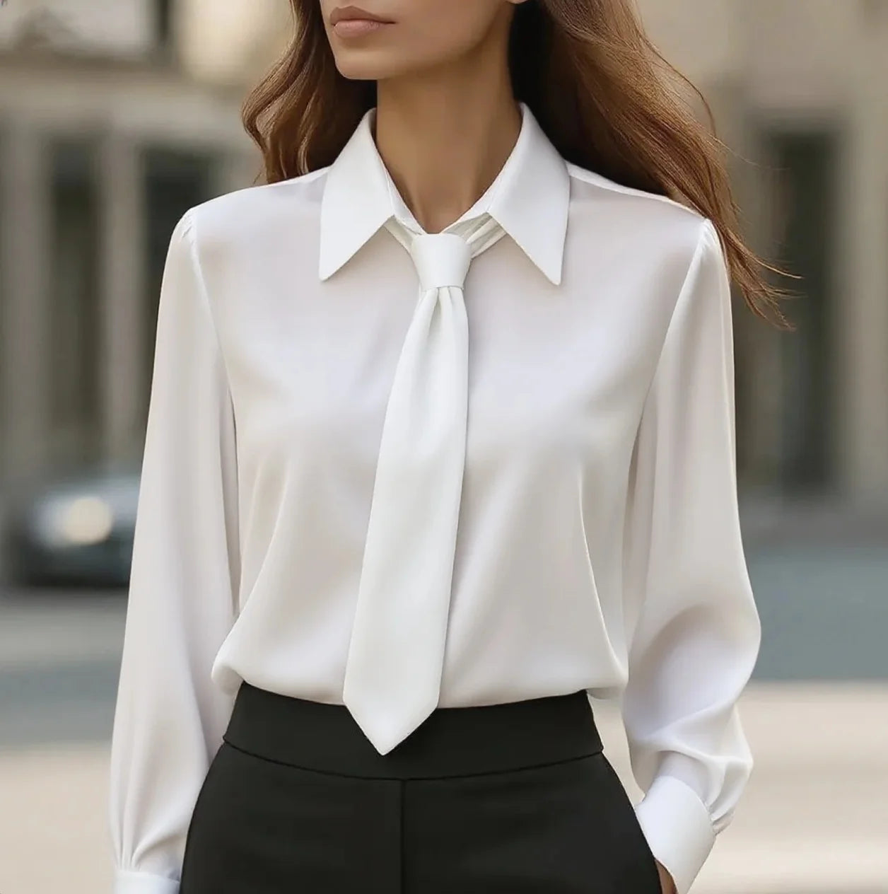 Women's Solid Color Satin Tie Long Sleeve Casual Shirt Work Shirt Blouse Plain Modern Casual Long Sleeve Shirt
