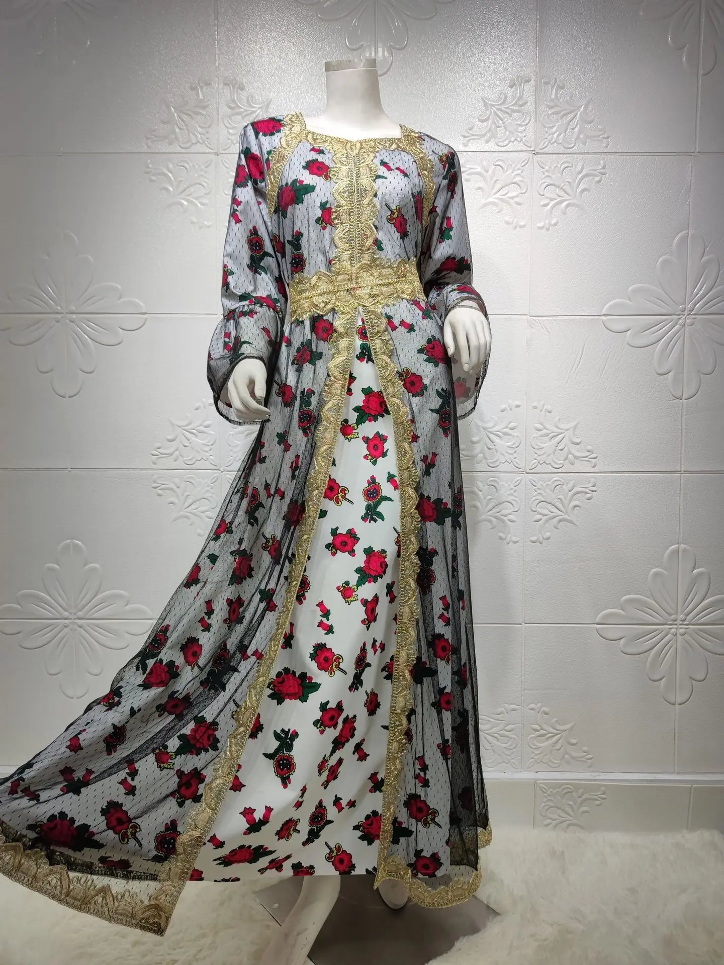 Luxury Middle East Abayas for Women Dubai Dress Lace Applique Mesh Printing Long Sleeves Elegant Evening Party Muslim Clothes