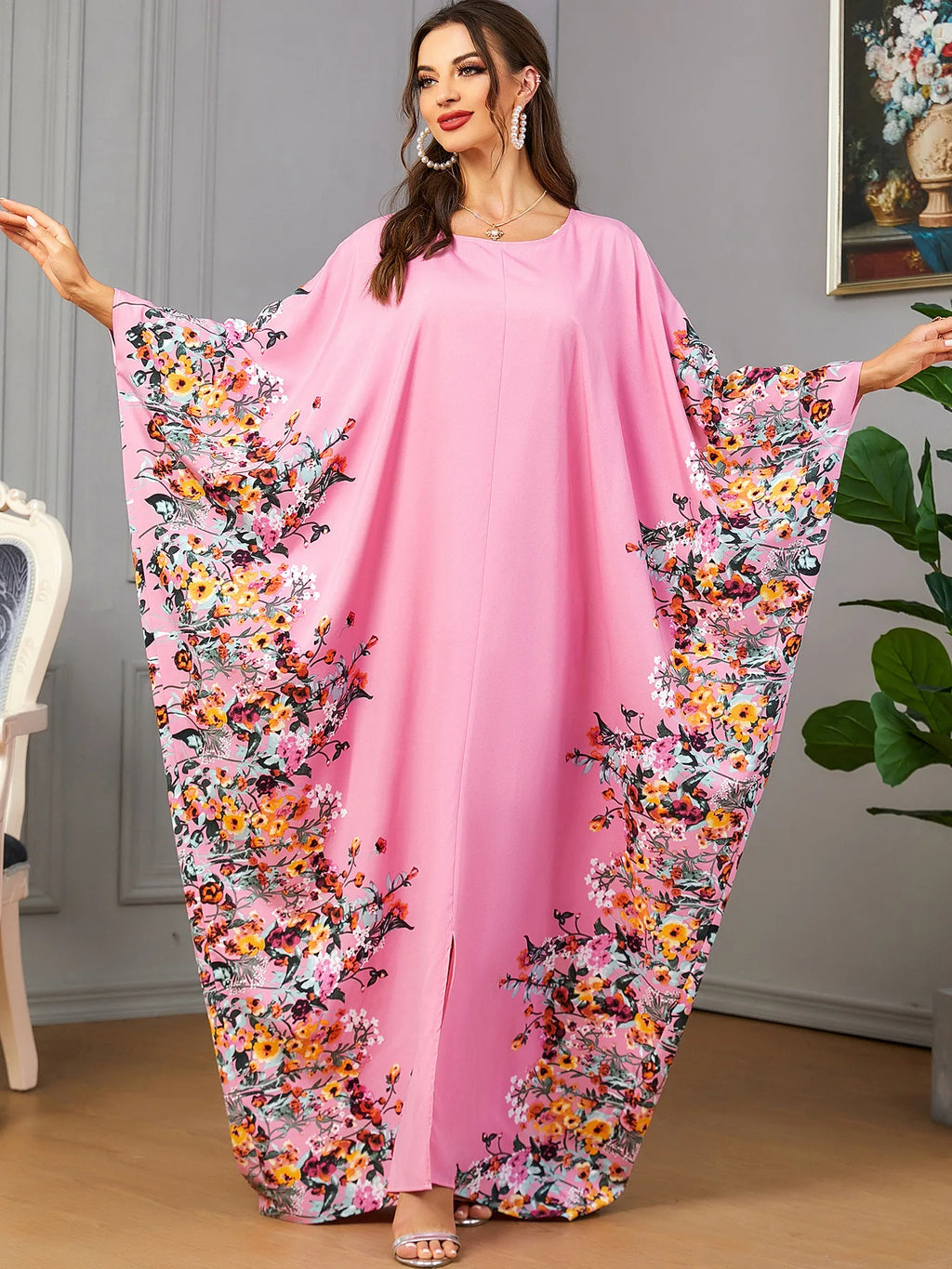 Eid Muslim Party Dress for Women Ramadan Abaya Bat Sleeve Print Long Robe Morocco Kaftan Vestidos Largos Dubai Jalabiya 2024