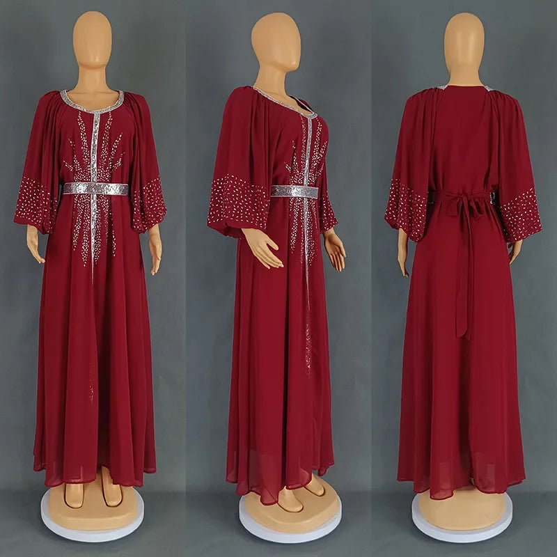 New 2025 Chiffon Diamonds Abayas for Women Luxury Dubai Abaya Turkey Kaftan Muslim Dress Djellaba Jalabiya Caftan Marocain Femme