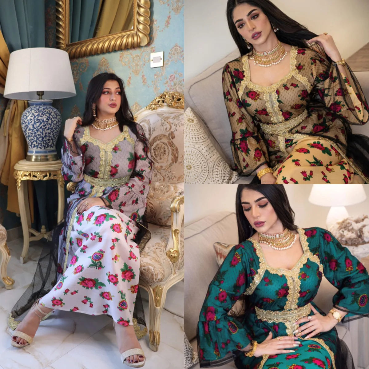 Luxury Middle East Abayas for Women Dubai Dress Lace Applique Mesh Printing Long Sleeves Elegant Evening Party Muslim Clothes