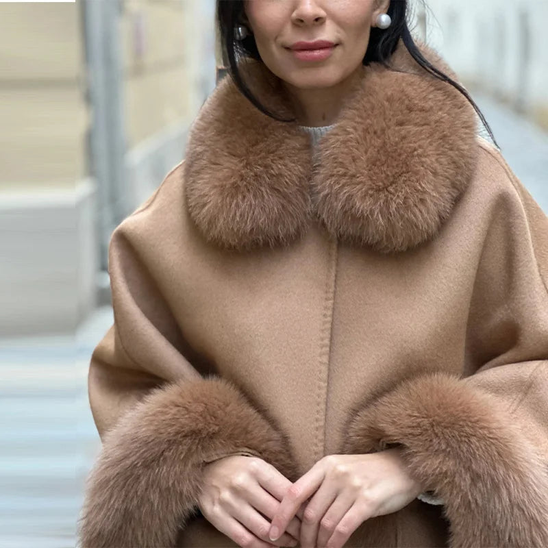 Elegant Fur Patchwork Shawl Coat Women Khaki Woolen Long Sleeve Lapel Open Stitch Loose Coats 2025 Fashion Autumn Winter Outwear
