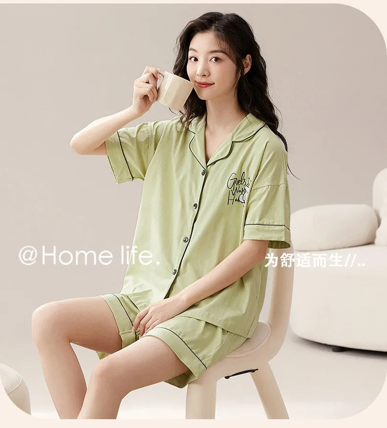 Dropshipping Female Pijamas Cartoon Summer Short Women Pajamas Sleeve Shorts Nightwear Sweet Sleepwear Pyjamas Woman Home Suit