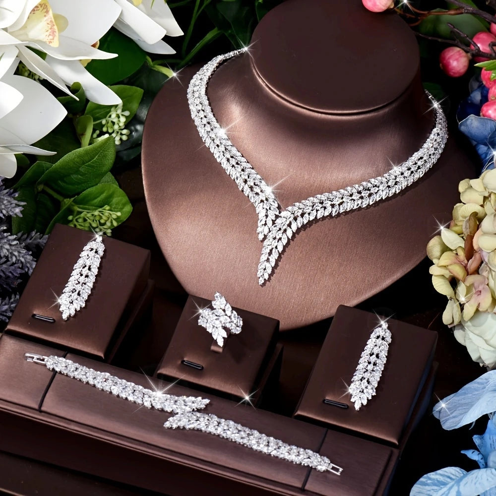Classic Water Drop Cubic Zirconia Dubia Women Bridal Jewelry Sets 4PCS Necklace Earring Set Bijoux Femme Ensemble S-342