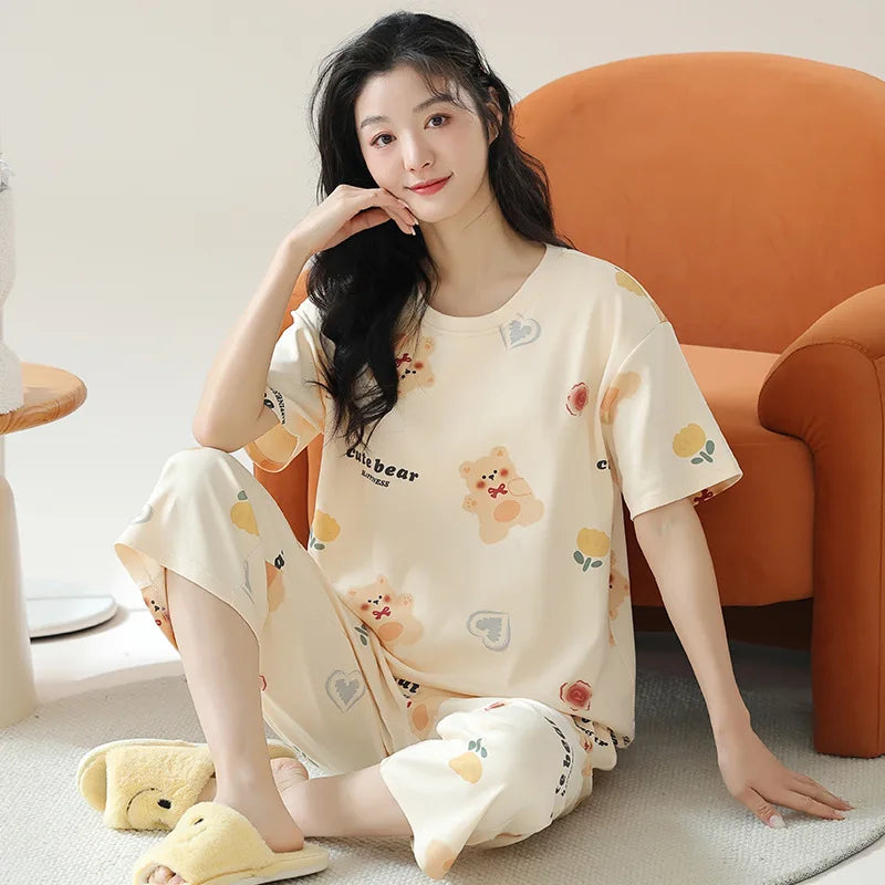 New Summer Pajamas Homewear Suit Women's Short-Sleeved Long Pants Ladies Large Size Loose Leisure Homewear Two-Piece Set