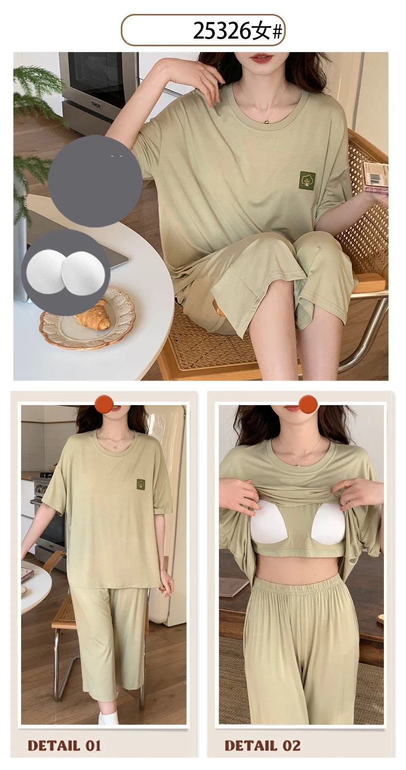 Female Loungewear Pijama Mujer Homewear Summer Nightwear Elegant Women's Pajama Sets Women With Breast Pad Femme Sleepwear