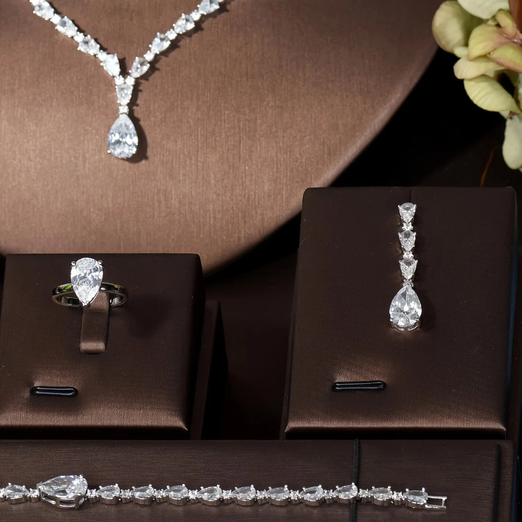Simple CZ Ladies Jewelry Sets Water Drop Cubic Zirconia Crystal Tassel Earrings and Necklace Set for Women Gifts S-341
