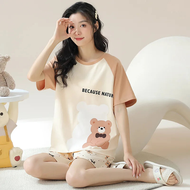 Female Summer Pijamas Short Women Cotton Pajamas Sleeve Shorts Nightwear Sweet Sleepwear Cartoon Pyjamas Woman Home Suit