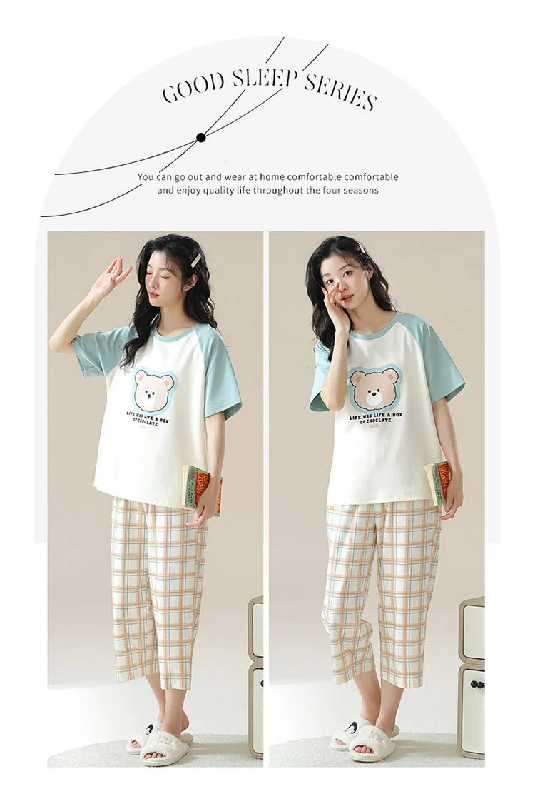 New Summer Pajamas Homewear Suit Women's Short-Sleeved Long Pants Ladies Large Size Loose Leisure Homewear Two-Piece Set