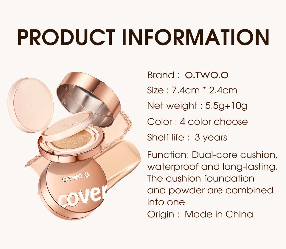 O.TWO.O Air Cushion Cream Face Powder 24h 2 In 1 Long-Lasting Oil-control Matte Soft Focus Concealer Makeup Pressed Powder Cream