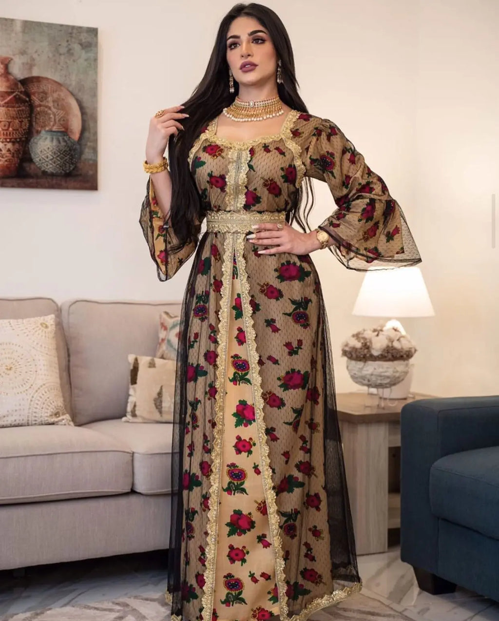 Luxury Middle East Abayas for Women Dubai Dress Lace Applique Mesh Printing Long Sleeves Elegant Evening Party Muslim Clothes