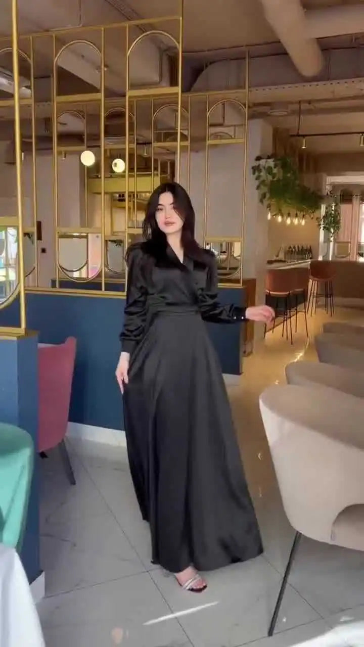 Women's Long Sleeve V-Neck Satin Dress Muslim Robe Dubai Abaya Turkey Party Gown Morocco Arab Clothes Modest Kaftan Fashion
