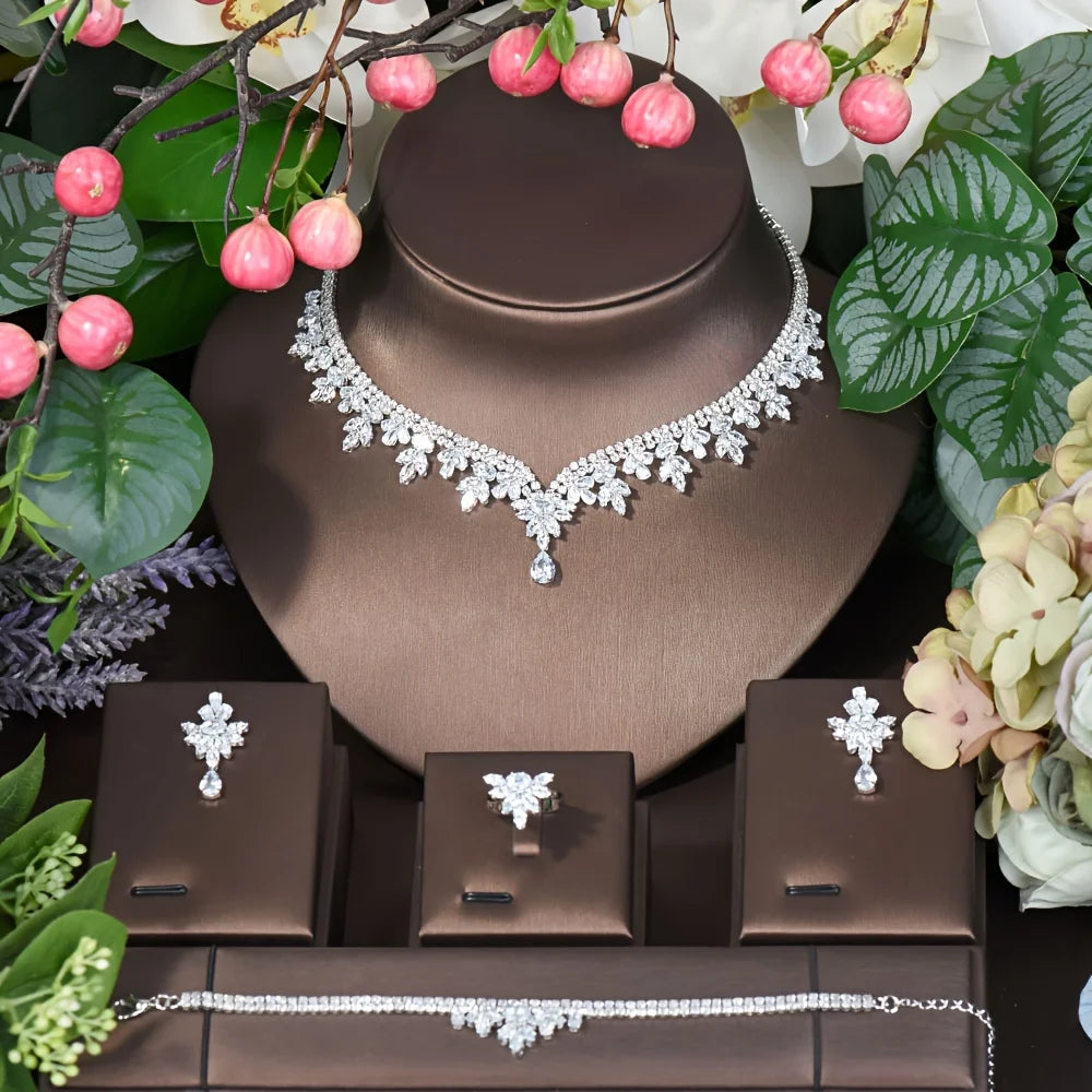 Classic Water Drop Cubic Zirconia Dubia Women Bridal Jewelry Sets 4PCS Necklace Earring Set Bijoux Femme Ensemble S-342
