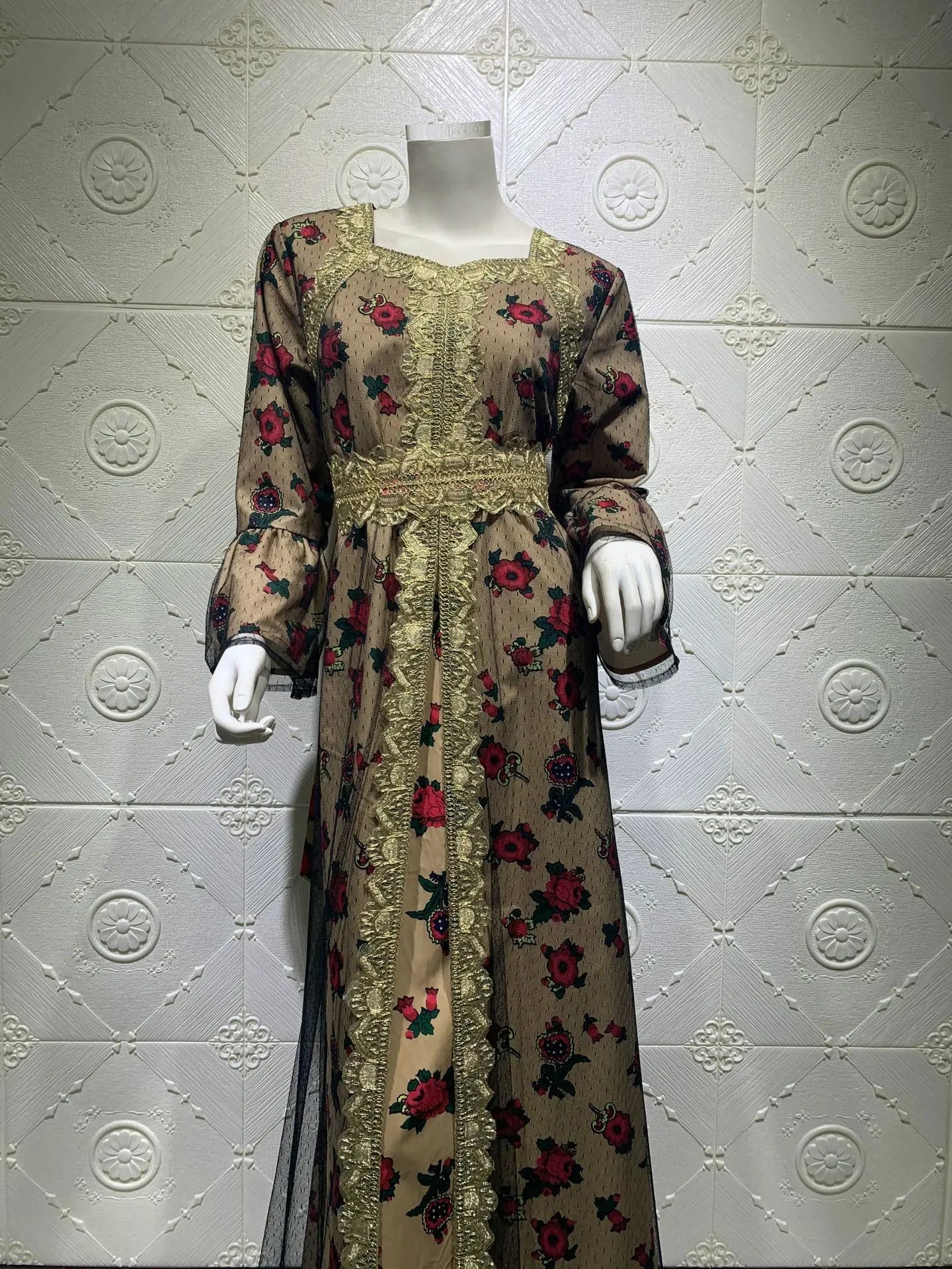Luxury Middle East Abayas for Women Dubai Dress Lace Applique Mesh Printing Long Sleeves Elegant Evening Party Muslim Clothes