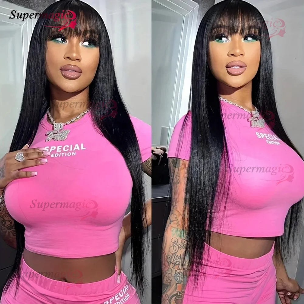 Raw Indian Bone Straight Human Hair With Bangs 4x4 Lace Middle Part Wigs For Black Women Brazilian 30 32 Inch Cheap Glueless Wig