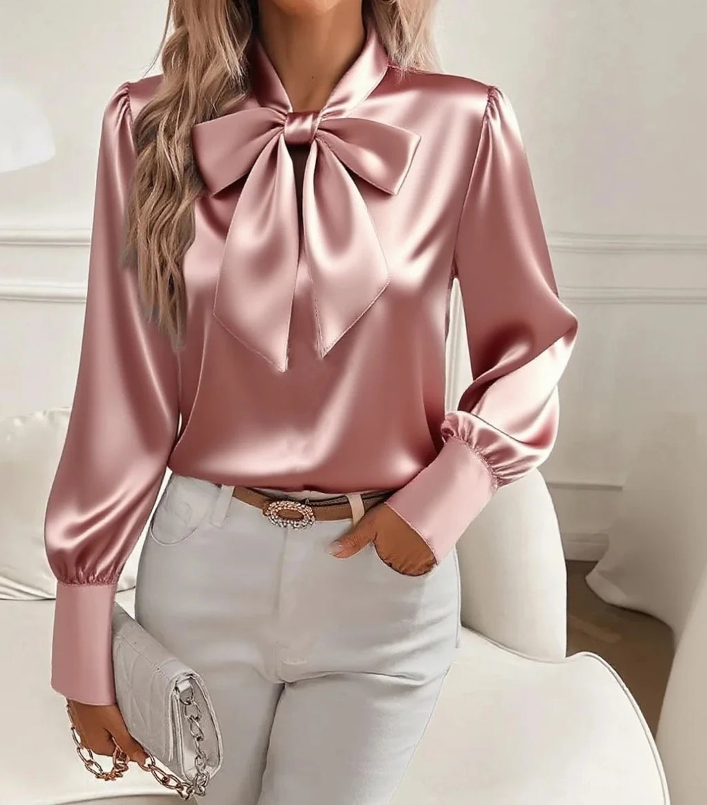 Women's Satin Solid Color Bow Tie Neck Long Sleeve Dressy Elegant Tie Neck Blouse Shirt Tops, Casual Office Work Blouse Tops