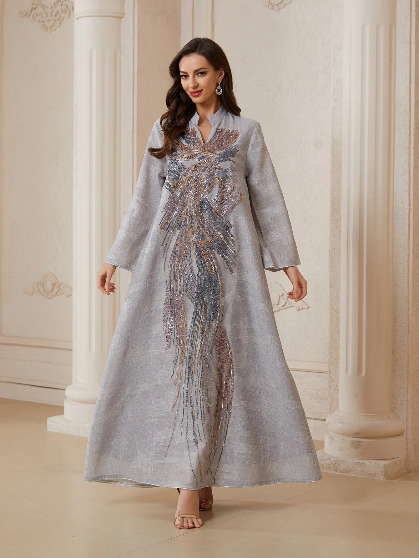 Uni Dubai Sequins Embroidery Luxury Woman Evening Dress Mesh Sleeve Abaya V-Neck Beaded Caftan Marocain Femme 2025