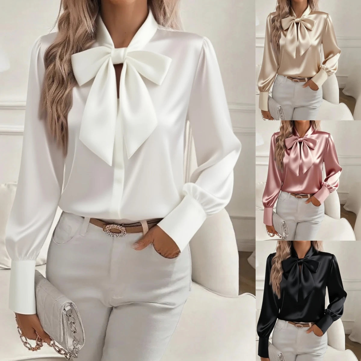 Women's Satin Solid Color Bow Tie Neck Long Sleeve Dressy Elegant Tie Neck Blouse Shirt Tops, Casual Office Work Blouse Tops