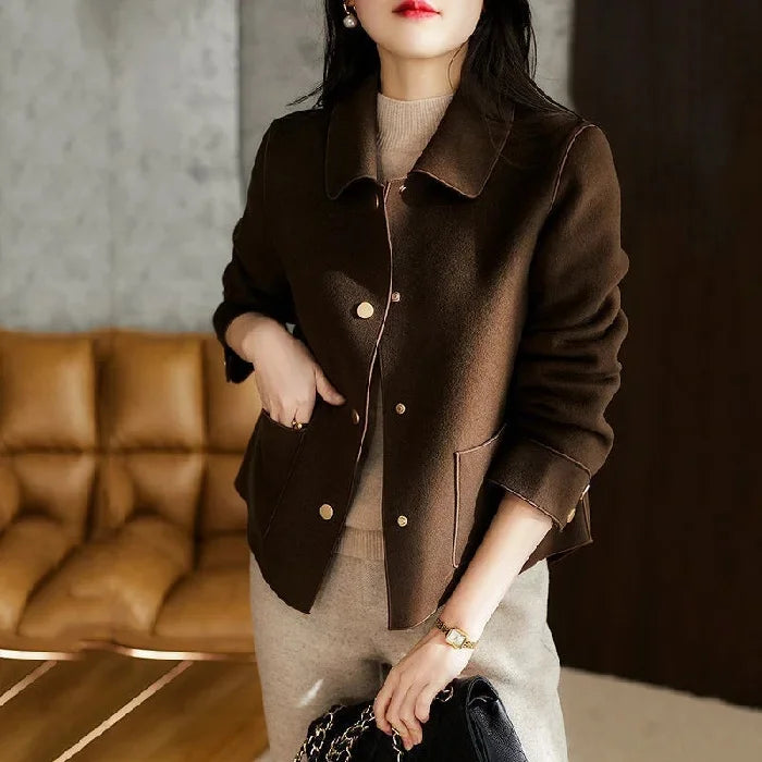 Double-Sided Woolen Short Coat Women's Suiting Jacket Autumn Winter New Style Turn-down Collar New Top Polyester Fiber