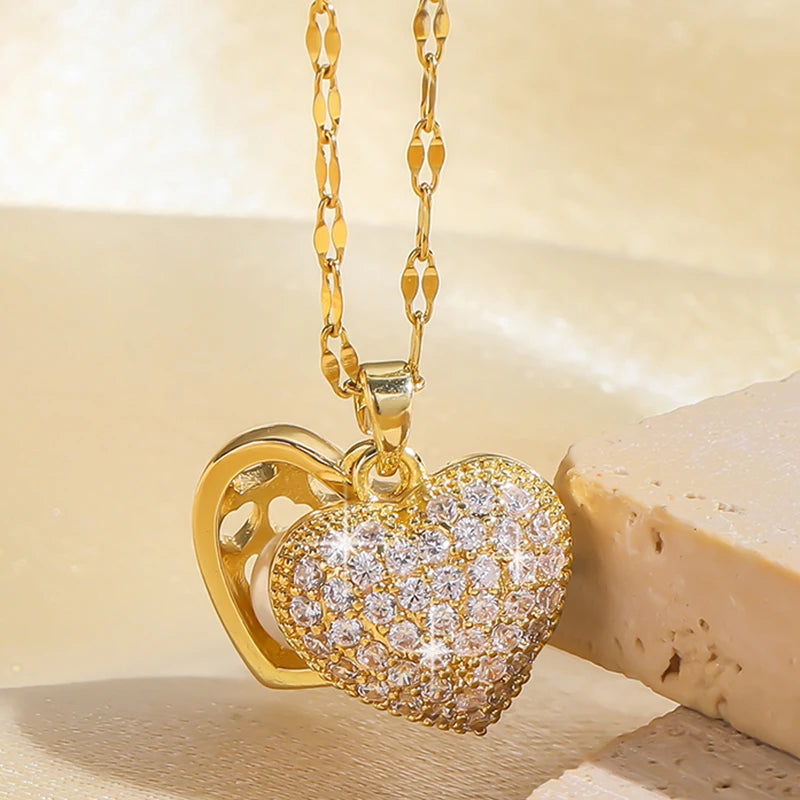 ZAKOL French Shell Pearl Necklace For Women Gold Color Stainless Steel Zircon Love Heart Clavicle Chain Choker Wedding Jewelry