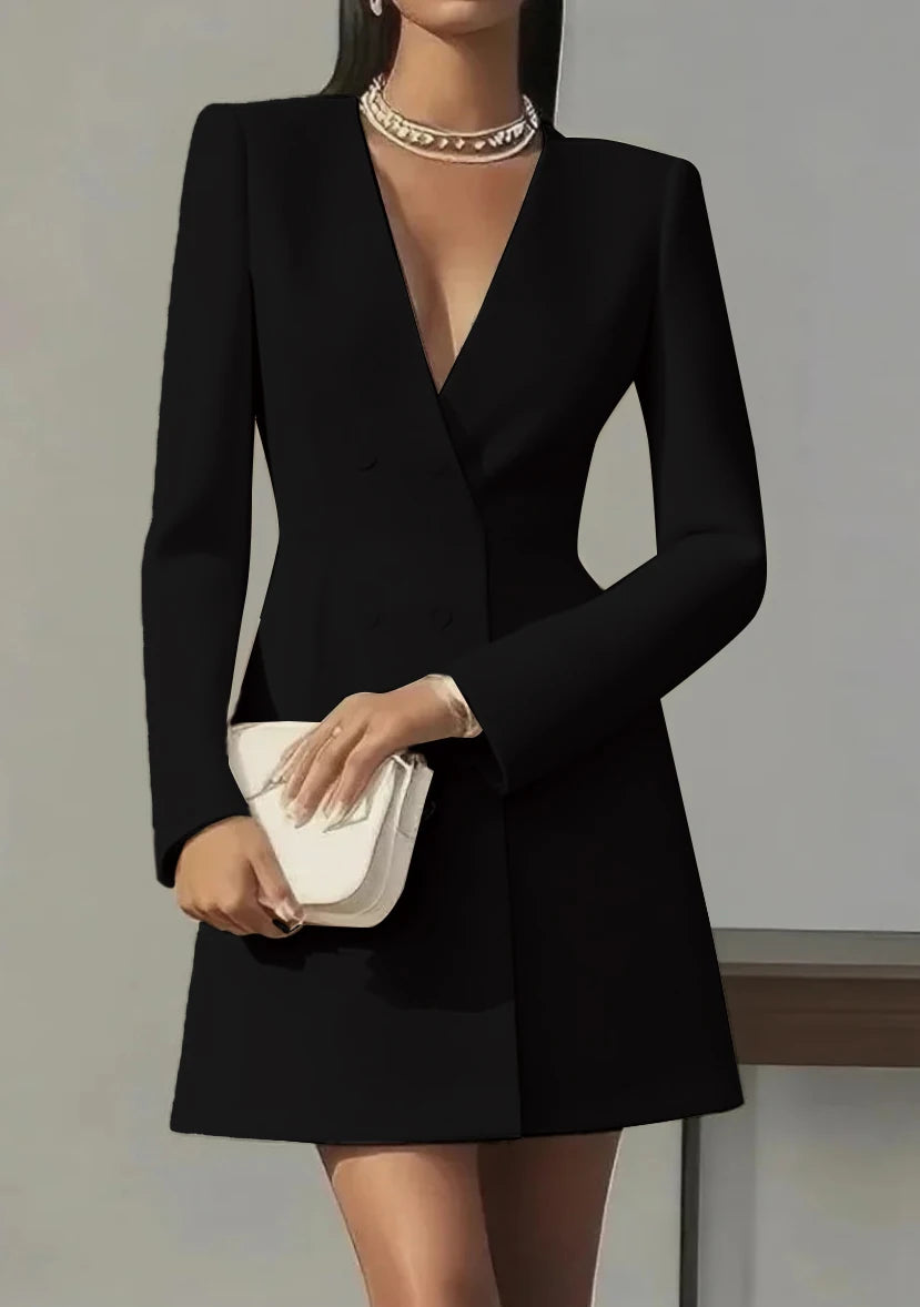 Fashionable V-neck Long-sleeved Double-breasted Waist Mini Dress