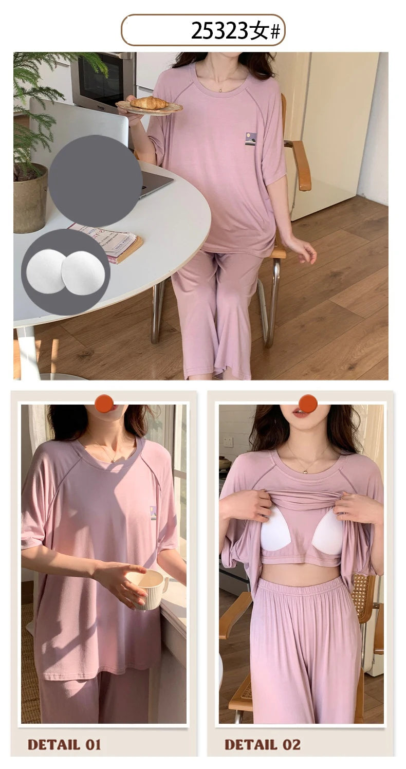 Female Loungewear Pijama Mujer Homewear Summer Nightwear Elegant Women's Pajama Sets Women With Breast Pad Femme Sleepwear