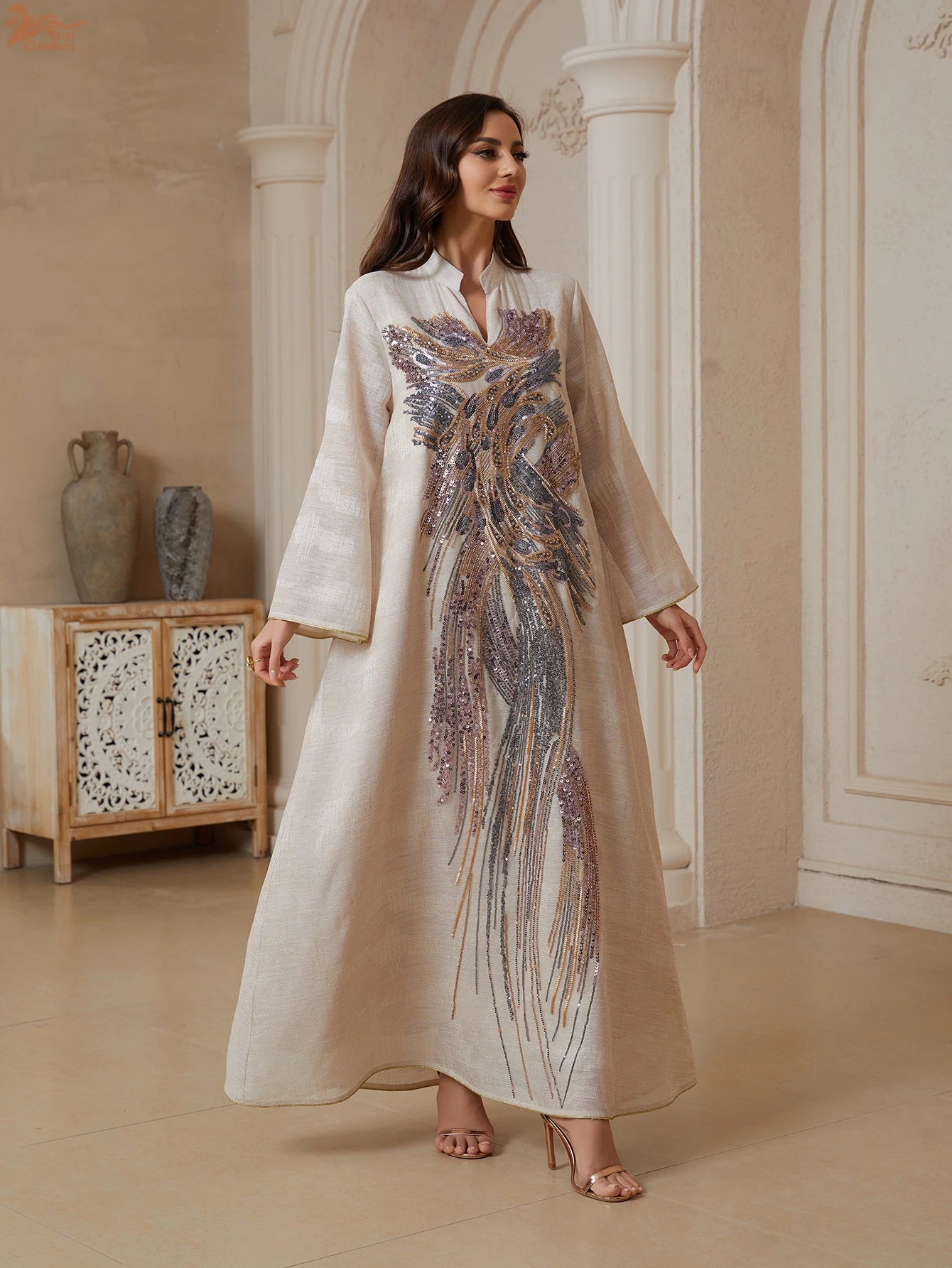 Uni Dubai Sequins Embroidery Luxury Woman Evening Dress Mesh Sleeve Abaya V-Neck Beaded Caftan Marocain Femme 2025