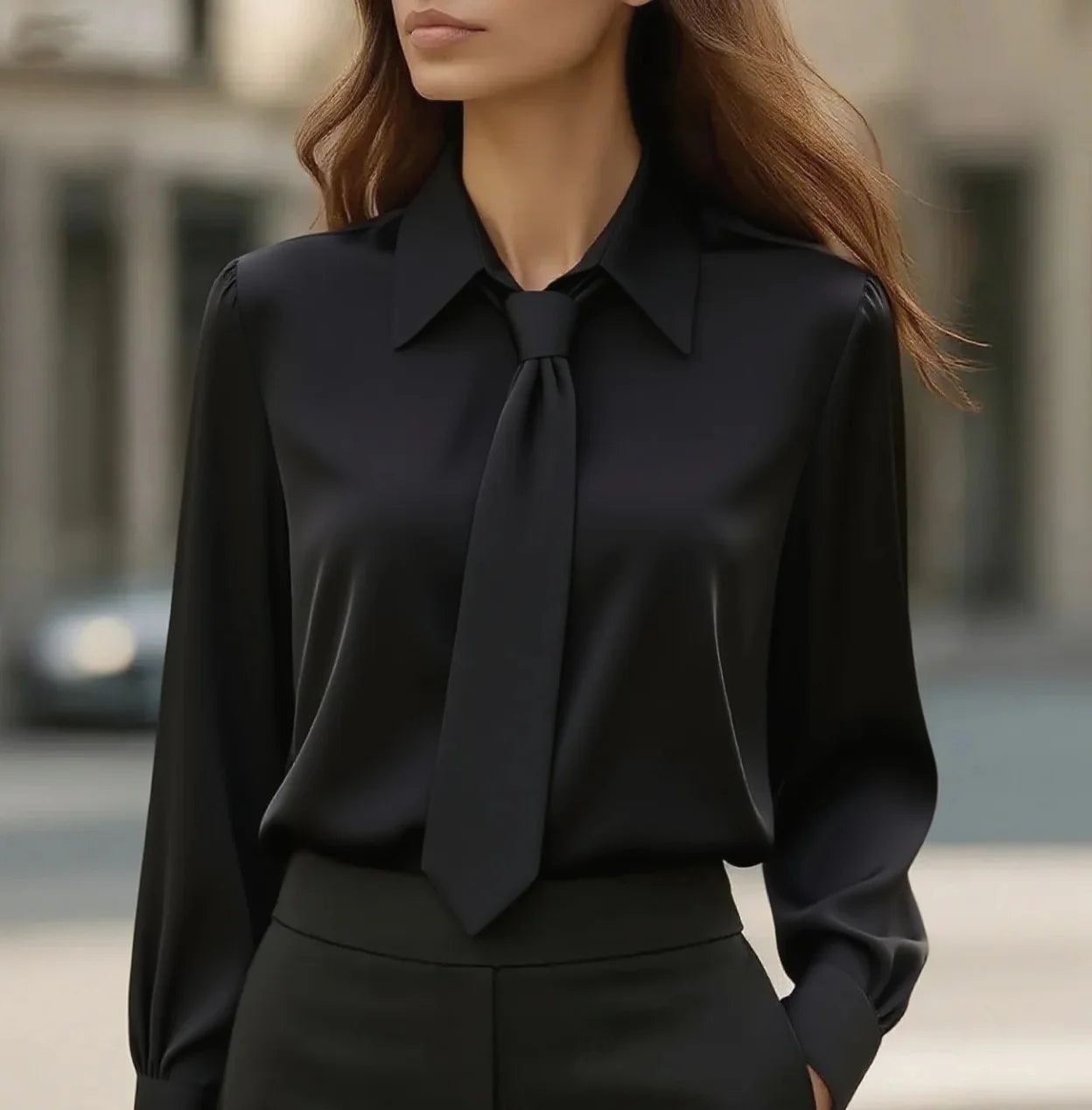 Women's Solid Color Satin Tie Long Sleeve Casual Shirt Work Shirt Blouse Plain Modern Casual Long Sleeve Shirt