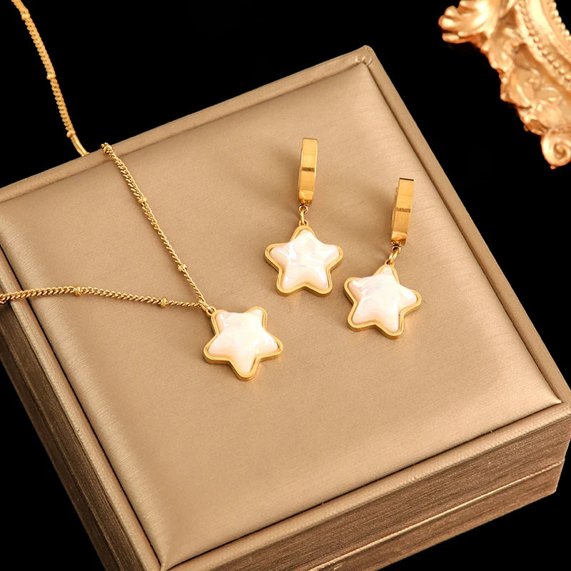 EILIECK 316L Stainless Steel Gold Color Heart Star Flower Necklace Earrings Set For Women Trendy Waterproof Jewelry Holiday Gift