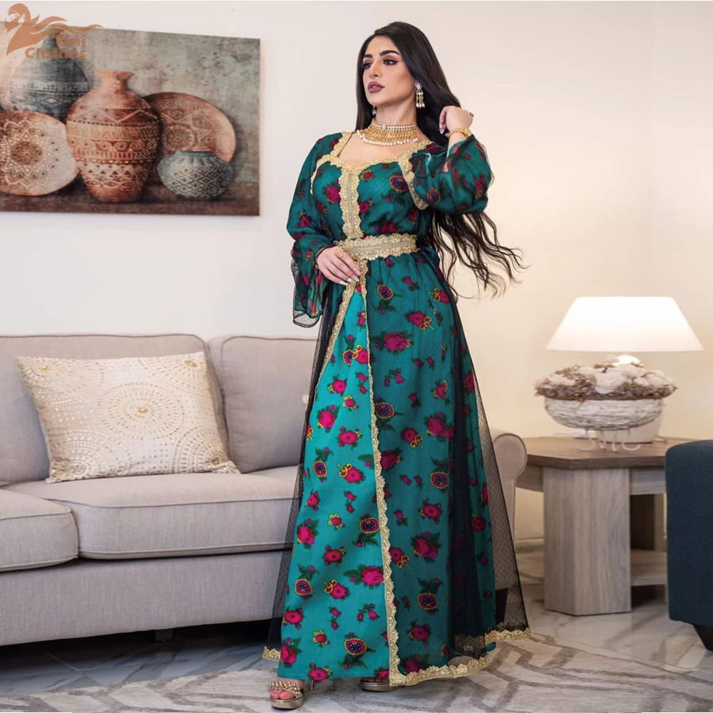 Luxury Middle East Abayas for Women Dubai Dress Lace Applique Mesh Printing Long Sleeves Elegant Evening Party Muslim Clothes