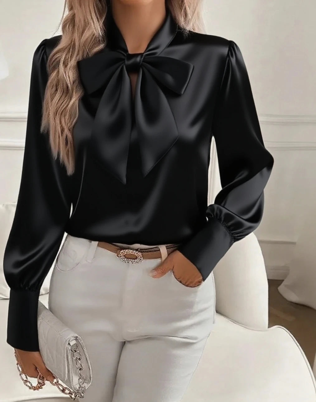 Women's Satin Solid Color Bow Tie Neck Long Sleeve Dressy Elegant Tie Neck Blouse Shirt Tops, Casual Office Work Blouse Tops