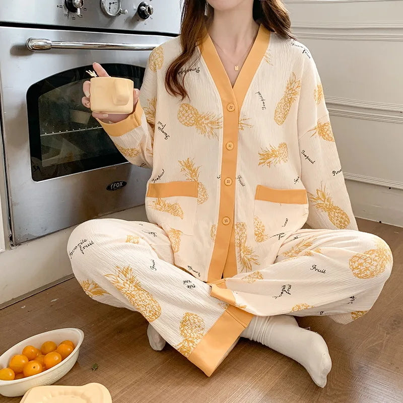 Sexy Pajamas Women's Long-sleeved Cotton Sleepwear Night Gown Home Clothes Pajamas Lounge Wear Loose Suit Home Service