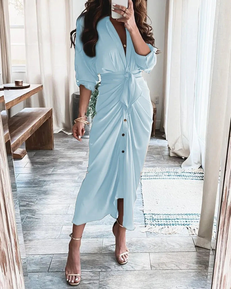 Summer Bandage Shirt Women Fashion Button Ruched Dress Casual Short Sleeve Printed Dress Female Elegant Party Dress Robe