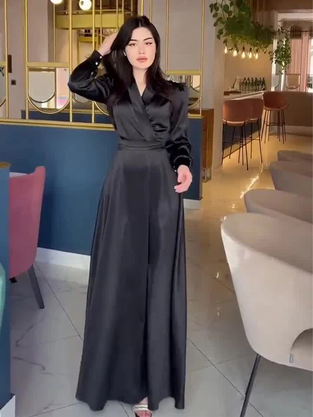 Women's Long Sleeve V-Neck Satin Dress Muslim Robe Dubai Abaya Turkey Party Gown Morocco Arab Clothes Modest Kaftan Fashion