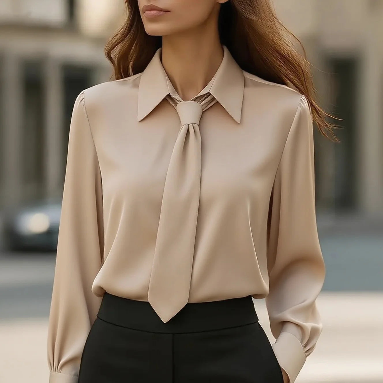 Women's Solid Color Satin Tie Long Sleeve Casual Shirt Work Shirt Blouse Plain Modern Casual Long Sleeve Shirt