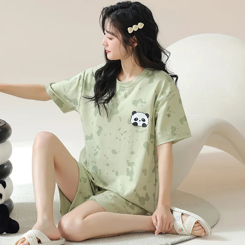 Female Summer Pijamas Short Women Cotton Pajamas Sleeve Shorts Nightwear Sweet Sleepwear Cartoon Pyjamas Woman Home Suit