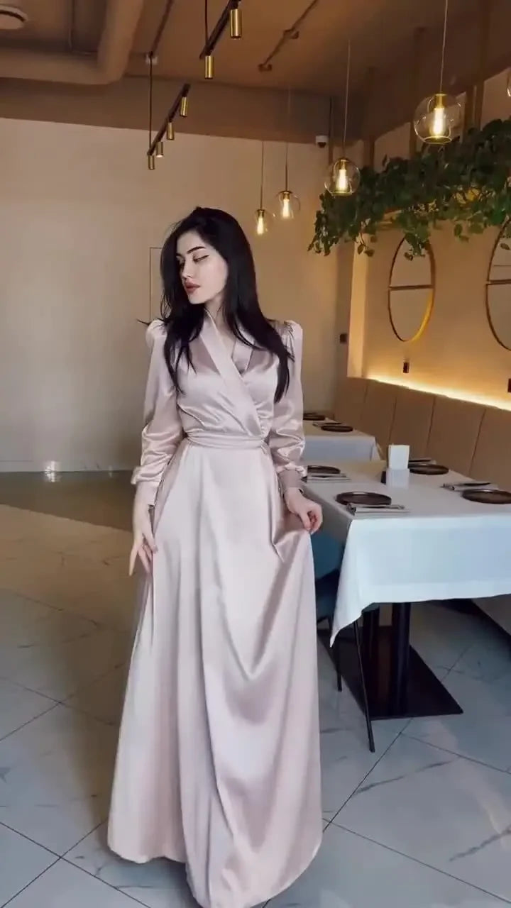 Women's Long Sleeve V-Neck Satin Dress Muslim Robe Dubai Abaya Turkey Party Gown Morocco Arab Clothes Modest Kaftan Fashion