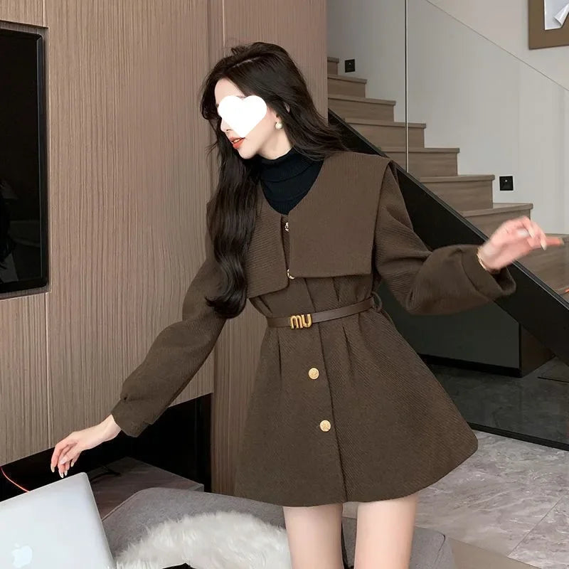 2024 Early Spring New Slimming Fashion Women's Petite Medium-Length Jacket Elegant Navy Neck Slim Fit Wool Blend Coat