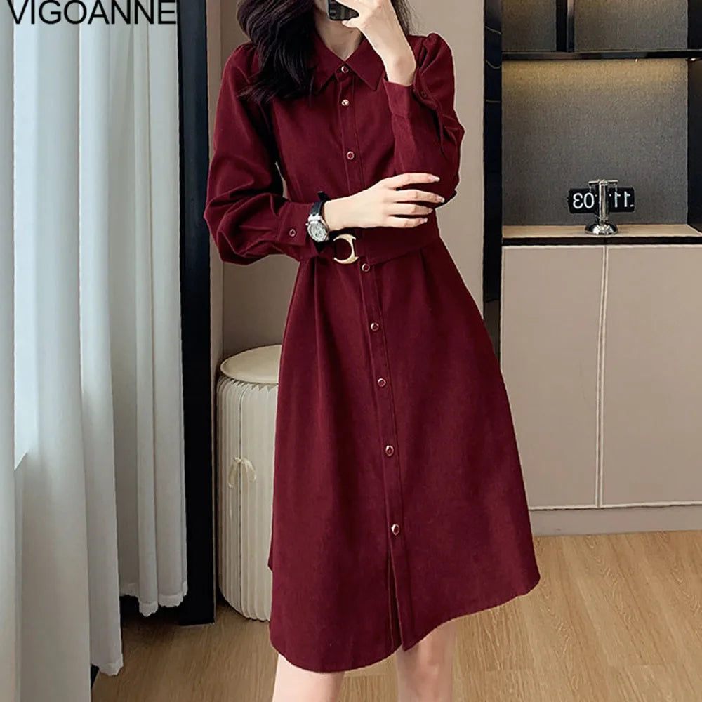 VigoAnne 2025 Woman Solid Long Sleeve Dress Spring Autumn Single Breasted Korean Casual Dresses Lady Evening Party Tight Dress