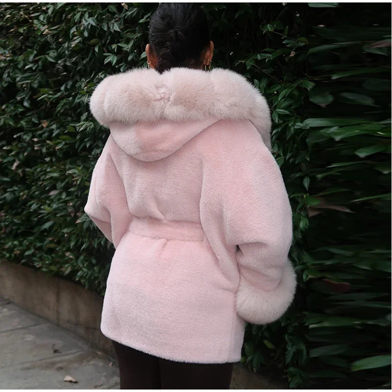 Elegant Hoody Faux Fur Women's Coat Loose Long Sleeve Pocket Warm Thicken Lady Coats 2025 Autumn Winter Chic Lady Streetwear