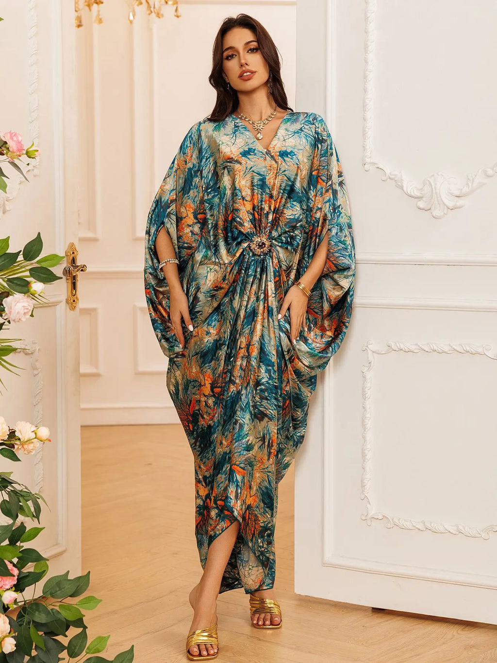 Eid Women Dress Muslim Abaya Print V Neck Party Jalabiya Ramadan Long Dresses Abayas Vestidos Largos Kaftan Arab Long Robe 2025