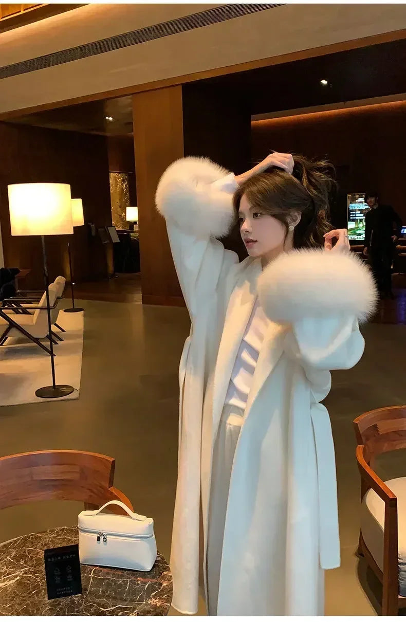 Elegant Warm Woolen Coats Real Fur Jacket with Belt Loose Fashion Outerwears 2024 Women Big Fur Collar Overcoats Female
