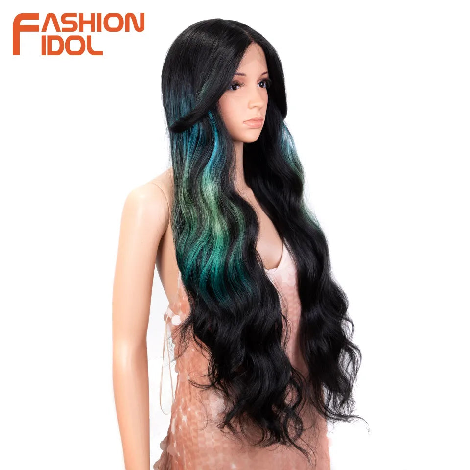 FASHION IDOL 34 Inch Lace Front Wigs Synthetic Ombre Blonde Brown Colorful Wigs For Women Heat Resistant Fiber Cosplay Wigs