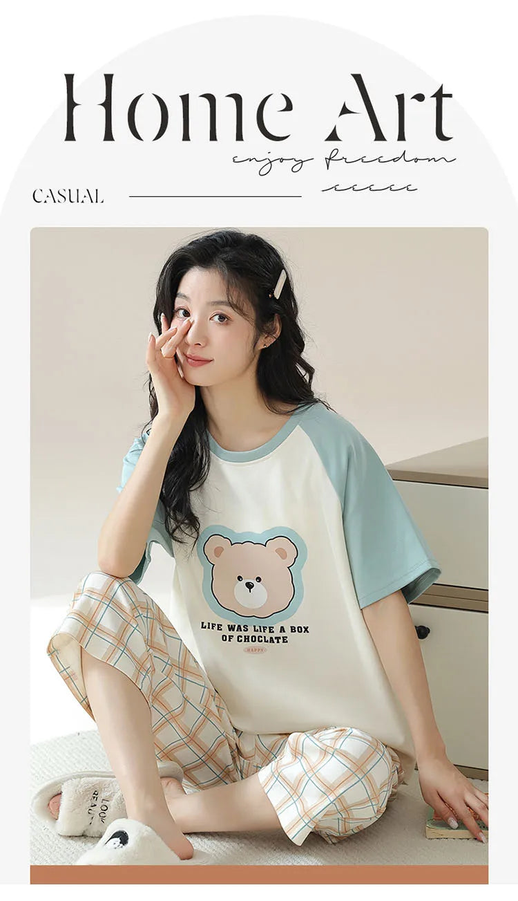 New Summer Pajamas Homewear Suit Women's Short-Sleeved Long Pants Ladies Large Size Loose Leisure Homewear Two-Piece Set
