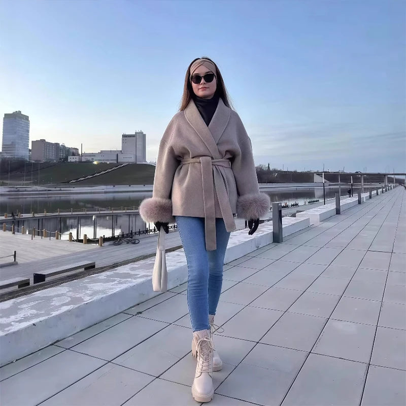 Elegant Fur Patchwork Shawl Coat Women Khaki Woolen Long Sleeve Lapel Open Stitch Loose Coats 2025 Fashion Autumn Winter Outwear