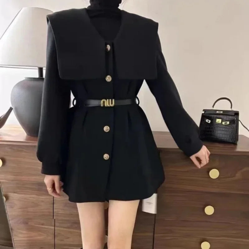 2024 Early Spring New Slimming Fashion Women's Petite Medium-Length Jacket Elegant Navy Neck Slim Fit Wool Blend Coat