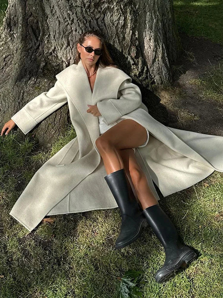 Solid Large Lapel Belted Long Woolen Women Coat Elegant Full Sleeve Lace Up Overcoat  2025 Autumn Winter Wrap Style Outerwear